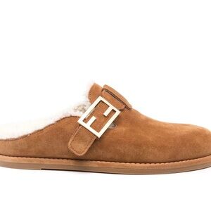 Fendi Tan Suede Shearling Mule with Gold F Buckle
